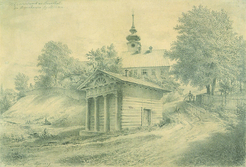 Bad Brunnthal bei Bogenhausen, Bleistiftzeichnung von Joseph Resch, 1879. Das unterhalb der Bogenhauser Kirche gelegene ehemalige Wassertriebwerk in Gestalt eines klassizistischen Gartenpavillons gehörte zu den Einrichtungen des Bades Brunnthal (im Unterschied zum Brunnhaus Brunnthal in Haidhausen, nördlich des Maximilianeums!)