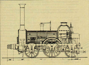 Zeichnung der ersten bei der Firma Krauss-Maffei 1841 in München-Hirschau gebauten Lokomotive