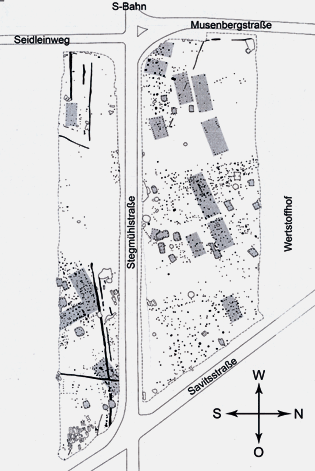 Plan der Ausgrabungen an der Stegmühlstraße, aus: Archäologisches Jahrbuch 1983