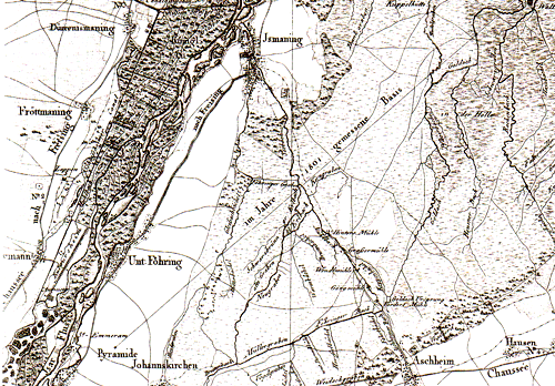 Erste topographische Landkarte aus dem Jahr 1812 mit der 1801 vermessenen Basislinie München-Aufkirchen