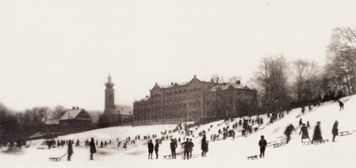 Schlittenfahrer am Bogenhauser Bergerl; historische Ansichtskarte um 1910.
