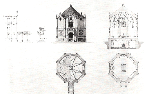 Grabkapelle bei der Beamtenreliktenanstalt, das für den Garten der Reliktenanstalt geplante Grabmal Maximilian II., Entwurf von Eduard Riedel, 1862. Quelle: Buchscan aus: siehe Literaturangabe., Kat. Nr. 57.8.