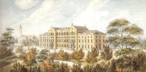 Entwurf zur Beamtenreliktenanstalt München von Eduard Riedel, 1858. Links die Pfarrkirche St. Georg. Quelle: Buchscan aus: "Zwischen Glaspalast und Maximilianeum. Architektur in Bayern zur Zeit Maximilians II. 1848 - 1864", hrsg. v. Winfried Nerdinger, München 1997, Kat. Nr. 29.1.