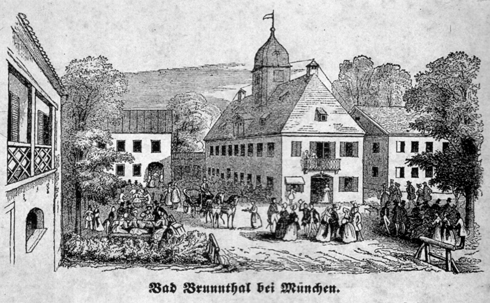 Biedermeierlicher Bade- und Ausflugsbetrieb im Hof von Bad Brunnthal, Zeichnung um 1840, Sammlung Weickmann, München