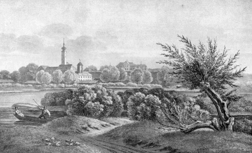 Blick über die Isar auf Bogenhausen, den Turm von Bad Brunnthal und (rechts davon) die Ausfluggaststätte Neuberghausen. Anonymes Schabkunstblatt, um 1850, Sammlung Dr. Arthur Model