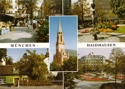 Farb-Postkarte, Mehransicht "München-Haidhausen", mit Daphnebrunnen(rechts oben), privat.