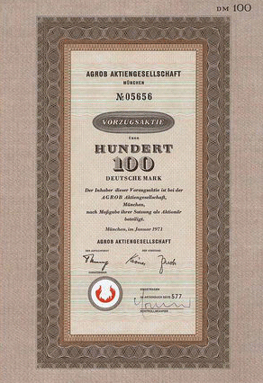 Aktienlos der AGROB AG für Grob- und Feinkeramik, München, November 1964, 100 DM