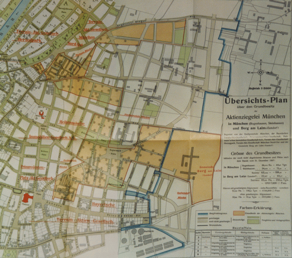 Übersichtsplan über den Grundbesitz der Aktienziegelei München (Bogenhausen, Steinhausen, Berg am Laim) 1907. Die orange eingefärbten Flächen zeigen den Grundbesitz der Aktienziegelei an