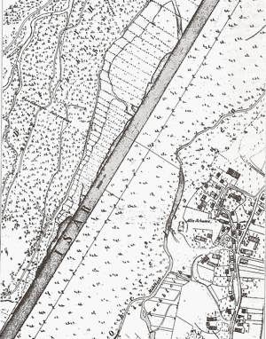 Die Oberföhringer Au um 1850, nach der Regulierung. Kartenmaterial zur Isarregulierung, aus: Karin Bernst: "Oberföhring. Das Dorf und seine Bewohner im 19. Jahrhundert", München 2000. Rechts ist Oberföhring mit seinem Dorfkern um die Kirche St. Lorenz zu sehen.