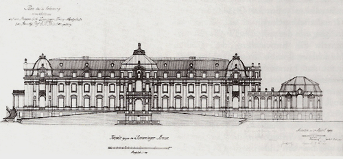 Aufriss Schloss Professor Ernst Philipp Fleischer, Pause auf Papier, Bez. rechts unten: München, den 24. April 1909, Heilmann und Littmann. Quelle; StadtAM, LBK 4553.