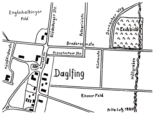 Der Eschbichl bei Daglfing, Zeichnung von Fritz Lutz 1986, Buchscan aus: s.o., S. 28.