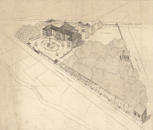 Perspektivische Skizze der geplanten Villa für Fleischer aus dem Büro Heilmann & Littmann, 1908; Quelle: Technische Hochschule München. Im Vorderteil der Skizze verläuft die Montgelasstraße.