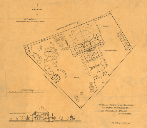 Die geplante »Fleischer-Villa« 1908 im Karree von Törring-Straße (westlich), Ismaninger Straße (südlich) und Montgelasstraße (nördlich). »Studie eines Neubaus für Herrn Prof. Fleischer an der Montgelasstraße in München, 20. November 1908, Büro Heilmann & Littmann«. Quelle: Technische Hochschule München