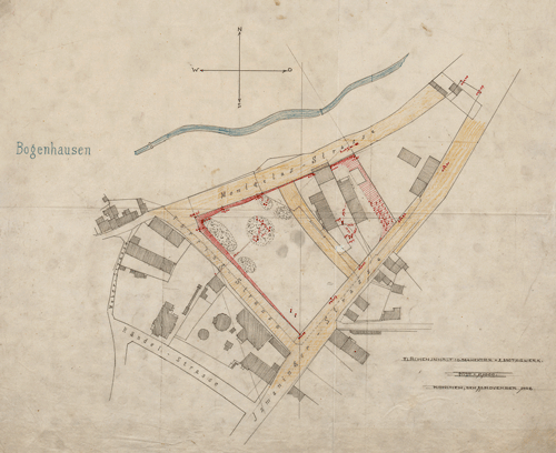 Weiterer Entwurf aus dem Büro Heilmann & Littmann zur Fleischer-Villa, 11. November 1908; Quelle: Technische Hochschule München. Schön zu sehen das große Areal der Betz'schen Gastwirtschaft und der 1905 erbauten Kaffl-Villa (Händelstraße) westliche der Törringstraße.