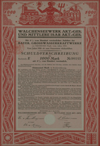 Anleihe der Bayerischen Großwasserkraftwerke Walchenseewerk AG und Mittlere Isar AG vom 1.4.1921 / 15.12.1921, in Art-Deko-Gestaltung mit Neptun und Wasserkraftwerk.