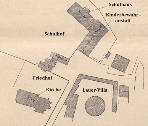 Lageplan Kinderbewahranstalt, aus: "Süddeutsche Bauzeitung" vom 24. September 1898. Mit Ergänzungen aus Lesbarkeitsgründen