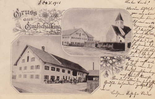 Gruss aus Englschalking, Ansichtskarte 1901 mit dem Köglhof neben St. Nikolaus © privat