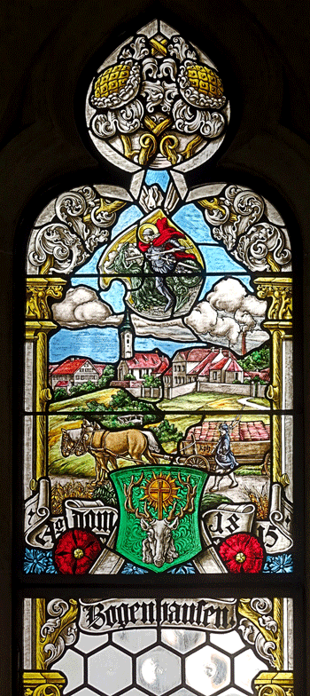 Im Rathaus Münchens bekommt man durch ein beeindruckendes Glasfenster auch noch einen ganz guten Eindruck von der ursprünglichen Atmosphäre im Dorf Bogenhausen zu Beginn des 19. Jahrhunderts.