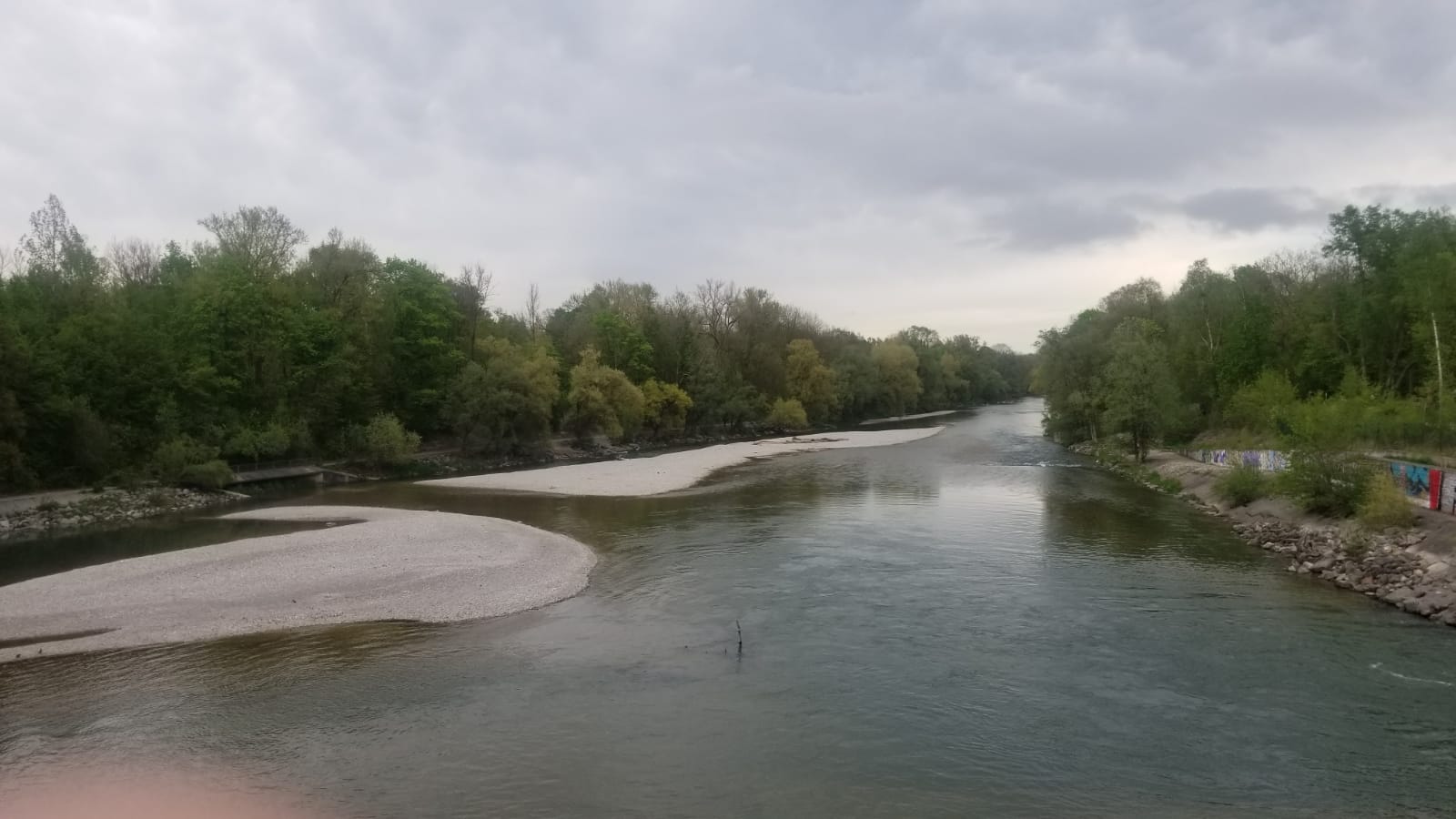 Blick auf die Oberföhringer Isarinsel (vom Stauwehr aus Richtung stadtauswärts gesehen)