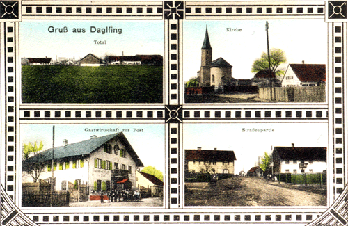 Ansichtskarte, vier Ansichten von Daglfing, um 1900.