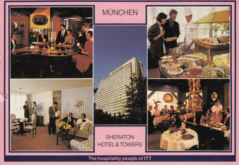 Werbe-Ansichtskarten des München Sheraton Hotels - Charme der 1980er-Jahre
