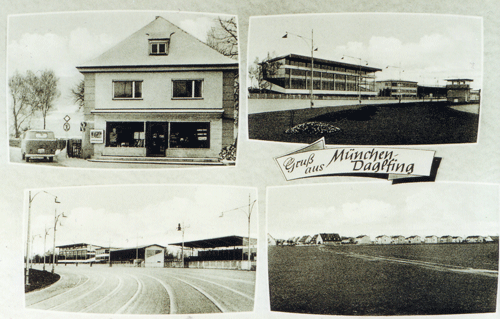 Ansichtskarte »Gruß aus München-Daglfing« (Privatbesitz), ca. 1960er-Jahre. Im Uhrzeigersinn von links oben: Geschäft am Daglfinger Platz/Daglfinger Straße, die Haupttribüne der Trabrennbahn Daglfing, der Blick auf die Burgauerstraße und die 1960 gebaut VDK-Siedlung, wieder die Trabrennbahn Daglfing.