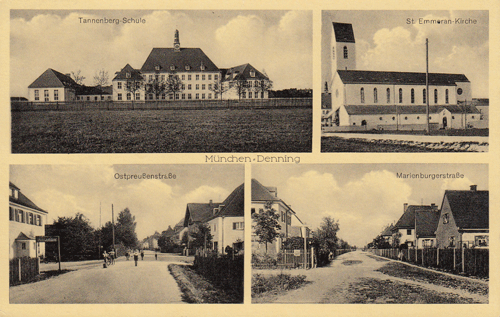 Denning in den 1930er-Jahren; Mehfachbild-Ansichtskarte mit Tannenberg-Schule (heute Ostpreußenschule), St. Emmeramskirche, Ostpreußen- und Marienburgerstraße (im Uhrzeigersinn).
