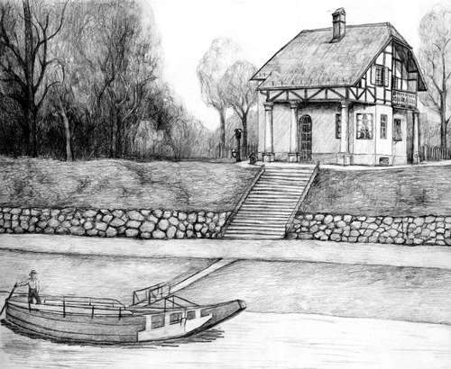 "Fährhaus im Grüntal", Zeichnung von Karin Bernst