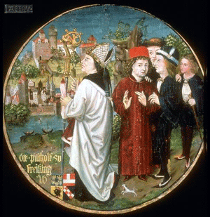 Bischof Otto von Freising, Babenberger Stammbaum, 1489, Stiftsgalerie Kloster Neuburg (Im Hintergrund ist Freising dargestellt)