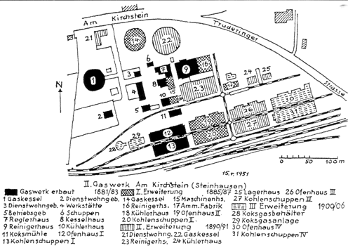 Lageplan Gaswerk am Kirchstein aus: "Bogenhausen. Vom bäuerlichen Pfarrdorf zum nobeln Stadtteil", hrsg. v. Willibald Karl, 1992.