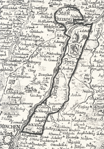 Die "Grafschaft auf dem Yserrain" im 17. Jahrhundert, Ausschnitt aus einer Karte von Georg Philipp Finckh (1663 - 1671), Bayerisches Hauptstaatsarchiv. Als südlichstes Ende des freisingischen Besitzgutes ist der Priel eingezeichnet - das Dorf Bogenhausen lag im herzoglichen Machtbereich.