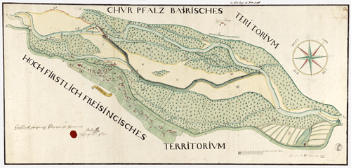 Neue Grenzziehung der Isarau bei Unterföhring nach dem Hochwasser im Jahr 1786; A = Verlauf der Isar, N = Gebiet, das der Grafschaft Ismaning verloren ging (190 Tagwerk).Für nähere Details bitte Karte anklicken.