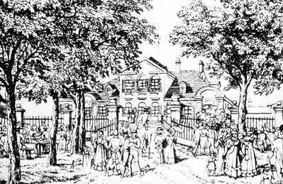 "Buntes Treiben auf der Terrasse und im Biergarten von Neuberghausen", Zeichnung um 1840.