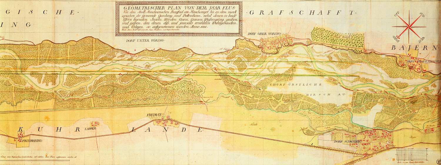 Ausschnitt aus dem Plan über den Lauf der Isar vom Münchner Burgfrieden bis Garching von Adrian von Riedl, 1781, Bayerisches Hauptstaatsarchiv.