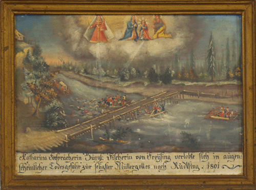 Darstellung eines Floßunglücks auf der Isar, Votivbild in der Filialkirche Rudlfing, 1801; hpt © Verein für Stadtteilkultur im Münchner Nordosten e.V., 2008