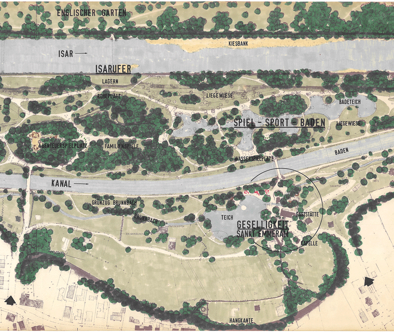 Vorentwurf »Erholungsgebiet Isarinsel Oberföhring« (Grundriss) von Gottfried Hansjakob, Oktober 1973