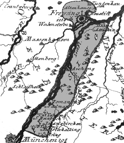 Ausschnitt aus einer Karte des Hochstifts Freising von Georg Philipp Finckh (1663 – 1671)