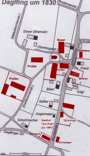 Lageplan Daglfing um 1830: Bernst © Verein für Stadtteilkultur im Münchner Nordosten e.V.