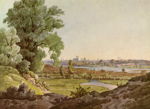 Aquarell "Blick von Oberföhring gegen München" von Wilhelm Scheuchzer, 1849