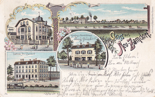 Historische Ansichtskarte: Neu-Zamdorf 1907, mit dem Gasthaus "Neu-Zamdorf" (links) und der "Handlung von Heinrich Hofmann (Mitte) © privat