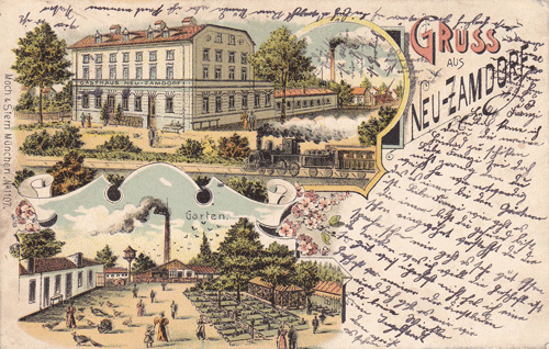 Neu-Zamdorf mit Gasthaus "Neu-Zamdorf" und Gärtnerei auf einer historischen Ansichtskarte 1906 © privat