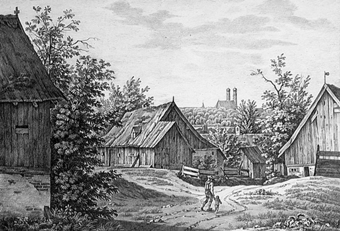 Das ländliche Bogenhausen, 1822; "Parthie in Bogenhausen". Blick über das noch sehr ländliche Bogenhausen auf die Frauenkirche. Lithographie von J. A. Sedlmayr aus "Ansichten des bayrischen Hochlandes", München, 1822 - 1825