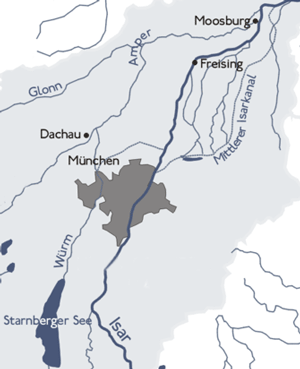 Karte mit Verlauf des "Mittleren Isarkanals" von Oberföhring bis Moosburg