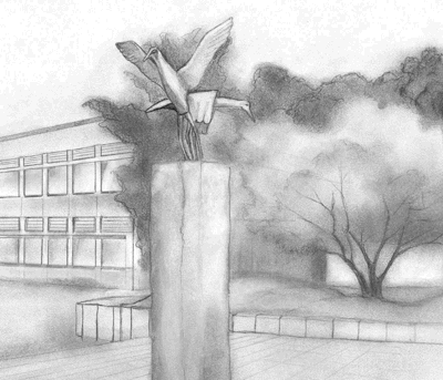 Text und Aquarell "Die Vogel-Skulptur vor der Schule an der Knappertsbuschstraße", aus: Karin Bernst, Ein Spaziergang durch den Münchner Nordosten, Kalender 2012, München 2012.