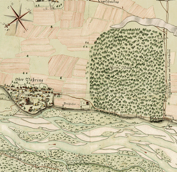 Der Prielwald zwischen Bogenhausen und Oberföhring auf einer Karte von 1716. Rechts der Prielwald, links das Dorf Oberföhring.