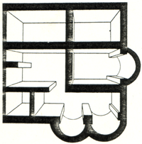 Grundriss des Denninger Römerbades, aus: Czysz, Wolfgang: Der römische Gutshof in München-Denning und die römerzeitliche Besiedlung der Münchner Schotterebene (1974). Kataloge der archäologischen Staatssammlung (Verlag Michael Laßleben, Kallmünz/Opf.).