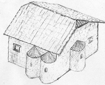 Rekonstruktionsversuch des Römerbades in Denning Josef Krause, 2007. Der Eingang liegt auf der den zwei Apsiden abgewandten Seite. Der Zugang zum Präfurnium, Heizkammer, an der Nordost-Seite.