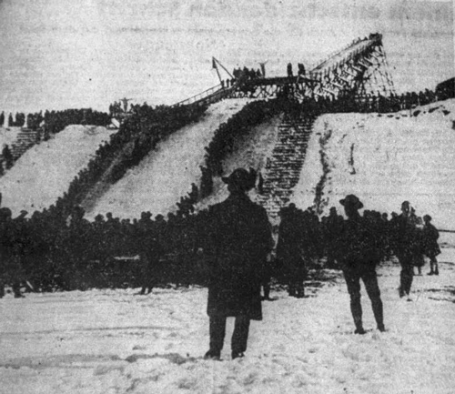 Skisprungschanzen auf dem Gelände des heutigen Denninger Angers, Zeitungsausschnitt, "Schispringen in Münchens Mauern"