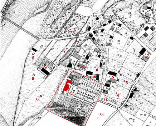 Ausschnitt aus dem Katasterplan von Bogenhausen 1812. Quelle: s.o. Die roten Markierungen sind: Hs.-Nr. 31: Schloss Neuberghausen, vier Jahre nach dem Ankauf durch Freiherr von Hompesch mit seinen Park- und Gartenanlagen, links davon die freie Fläche der "Königswiese" (die Maximiliansanlagen entsehen erst 50 Jahre später). Hs.-Nr. 8: die Bad- und Kuranstalt von Magdalena Dumenyl, Bad Brunnthal, unterhalb von Schloss Neuberghausen und dem Isarhang. Hs.-Nr. 7: St. Georgskirche mit dem Pfarrwiddum und der Besitzung an der Ismaninger Straße. Hs.-Nr. 23 und 33: Edelsitz Stepperg mit den Montgelas'schen Besitzungen; über die Isar führt bereits die 1803 erbaute Holzbrücke von Montgelas. Hs.-Nr. 6: Anwesen des "Rappelhofs" (spätere Lauer-Villa). Hs.-Nr. 5 "Hanselmarter-Anwesen", die spätere "Bürgermeistervilla". Hs.-Nr. 4: "Streicher-Hube", auf deren Grundstück 1840 das erste nichtbäuerliche Haus im Ortskern von Bogenhausen entsteht, die Villa Oberkamp, in der späteren Möhlstraße 44.