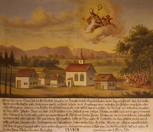 Auf einem Votivbild aus dem 2. Koalitionskrieg im Jahr 1800 in der Filialkirche St. Nikolauskirche in Englschalking sprengen aus dem Prielwald berittene Franzosen auf das Dorf Englschalking zu.